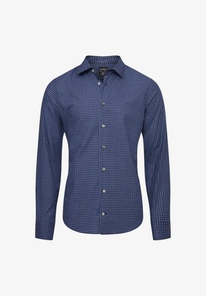 Camicia da uomo a maniche lunghe con bottoni, motivo a piccolo quadretto blu e nero, collo classico e polsini con bottoni.