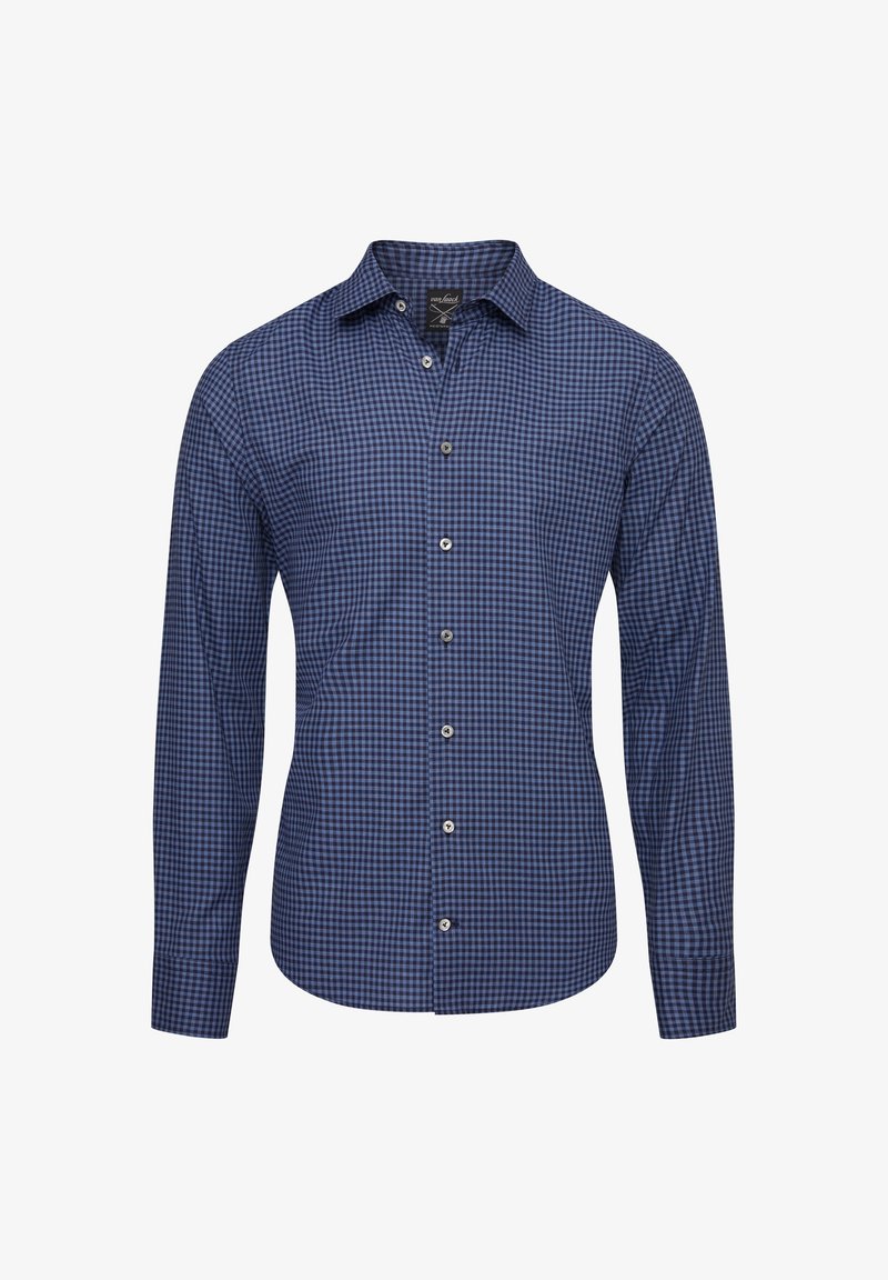 Chemise homme à manches longues boutonnée, petit motif à carreaux bleus et noirs, col classique et poignets boutonnés.