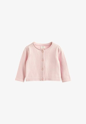 Roosa kudum baby kardigan pikkade varrukatega, ümar kaelus ja nööpide ees sulgemine. Omab soonikkoes äärt ja puhtaid õlavarre detaile.