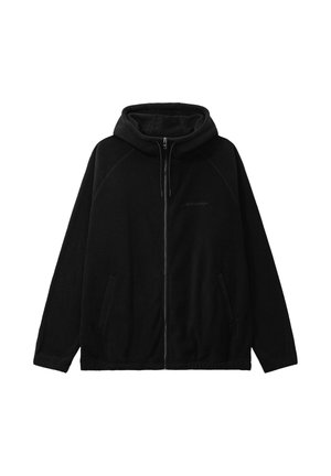 Zwarte fleece hoodie met rits, voorzakken en een capuchon met trekkoord, ontworpen voor warmte en casual gebruik.