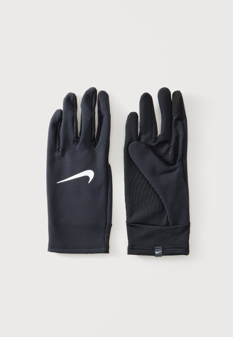 Paire de gants noirs Nike avec logo blanc, montrant le devant du gant gauche et la paume du gant droit sur un fond clair.