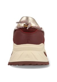 Maroon sneaker with a textured, leather and suede upper. Features a metallic gold heel accent, white laces with maroon stripes, and chunky off-white sole.