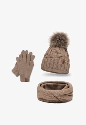 Béžová pletená čepice s bambulí, ladící rukavice a strukturovaný šál. Má žebrované manžety a po celém obvodu je z měkkého, teplého materiálu.