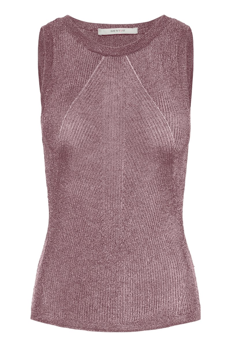 Sleeveless top in a soft mauve color, featuring a ribbed texture and rounded neckline with subtle stitching details along the shoulders.