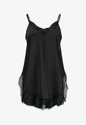 Mustast satiinist libeduskleit õhukeste rihmade, V-kaeluse ning läbipaistvate pitsdetailidega hemil ja külgpaneelidel.