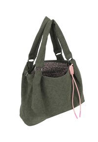 Groene suède tas met dubbele handvatten aan de bovenkant, roze trekkoordaccent, gestippelde binnenkant en buitenzak. Zachte textuur en gestructureerde vorm.