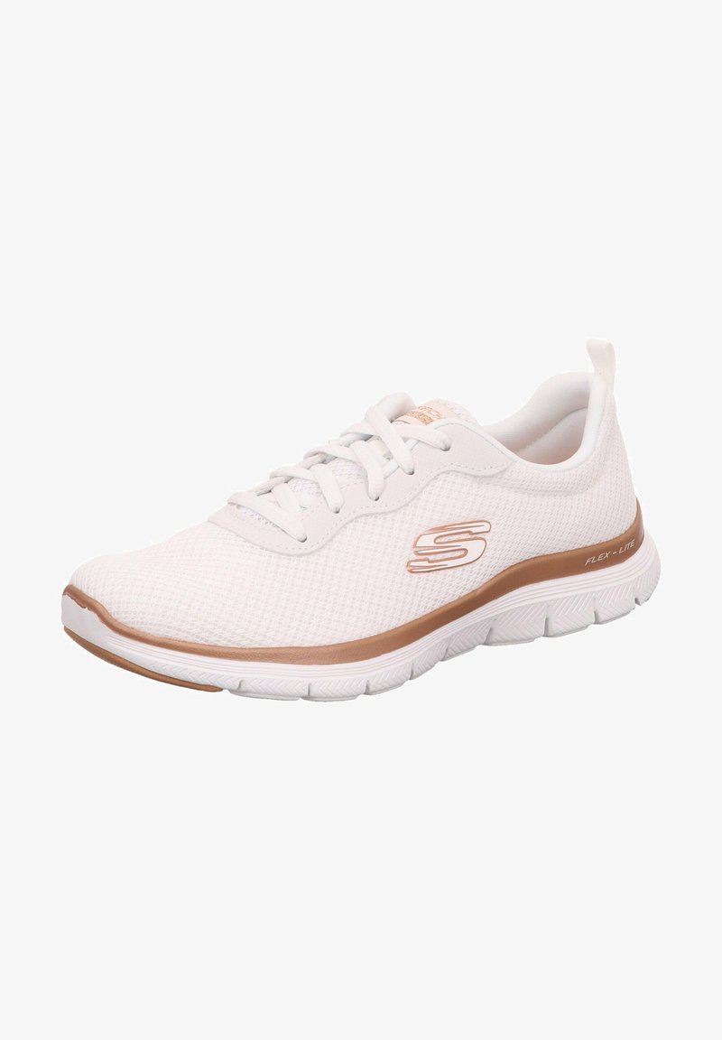 White mesh athletic shoe with a textured surface, featuring a flexible rubber sole and brown accents on the midsole and logo.