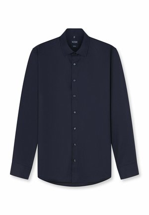 Navyblauw herenoverhemd met lange mouwen, knopen aan de voorkant en klassieke kraag, weergegeven op een witte achtergrond.