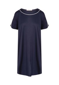 Abito blu navy a maniche corte con rifiniture bianche su scollo e bordi delle maniche, taglio dritto, lunghezza a metà coscia.