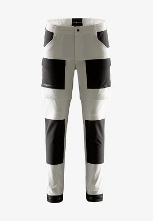 Helle graue Cargo-Hosen mit schwarzen Akzentpaneelen, mehreren Taschen, einem geraden Beindesign und einem robusten Bund.