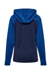 Hoody met een gesplitst kleurelement in marineblauw en koningsblauw, met lange mouwen en een gestructureerde stof aan de achterkant.