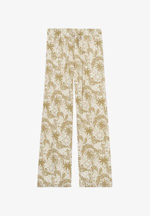 Floral-patterned, wide-leg pants featuring a beige background with green and pink accents. Elastic waistband with a drawstring for adjustability.