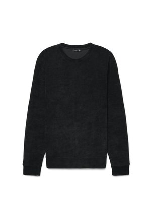 Maglione nero a manica lunga con scollo rotondo, polsini e orlo a coste, mostrato disteso, taglia XL.
