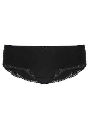 Black underwear featuring a smooth fabric body with lace trim along the edges and a small bow detail at the front center.