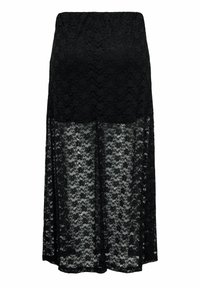 Gonna maxi in pizzo nero con un design a strati, una sezione inferiore trasparente, una vita elasticizzata e un motivo floreale su tutta la superficie.
