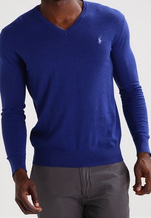 Mann trägt einen eng anliegenden blauen V-Ausschnitt-Pullover mit kleinem weißem Pferdelogo auf der linken Brust und dunkelgraue Hose.