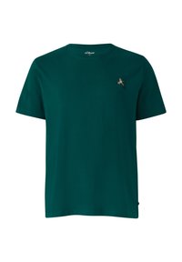 Donkergroene T-shirt met korte mouwen en ronde hals, met een kleine borduurmotief van een vliegende vogel op de linkerkant van de borst.