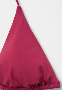 Triangle bikini top in bright pink fabric with smooth texture and gathered bottom edge, featuring adjustable straps for fit.