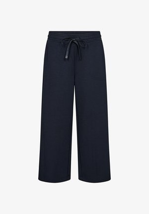 Marineblaue weite Hosen aus weichem Stoff, mit einem elastischen Bund und Kordelzug. Keine auffälligen Muster oder Akzente.