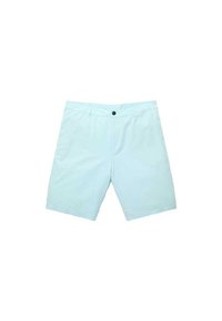 Light blue shorts with a flat front, belt loops, and a single black button closure. Made of lightweight fabric, knee-length design.