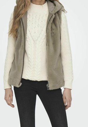 Femme portant un pull beige à torsades sous un gilet en fausse fourrure taupe zippé et un pantalon noir sur un fond uni.
