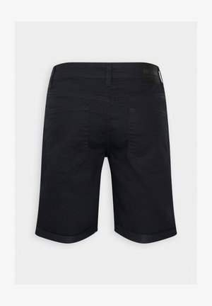 Zwarte denim shorts met een opgerolde zoom, voorzien van twee achterzakken en een leren label op de tailleband. Gladde textuur en een aansluitend ontwerp.