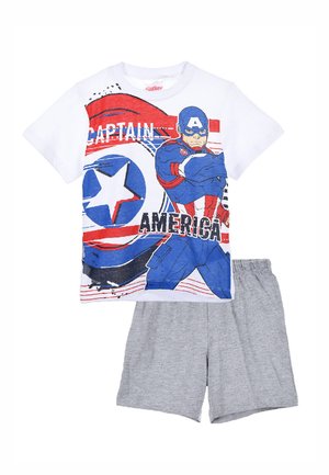 White short-sleeve shirt with Captain America graphic and text paired with plain gray elastic waist shorts for children.