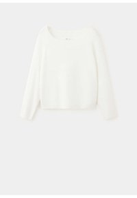 Pull tricoté blanc à manches longues avec un large col rond, présenté à plat sur un fond clair.