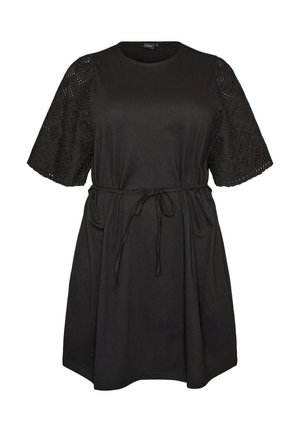 Zizzi, BAUMWOLLKLEID MIT BRODERIE-ANGLAISE-ÄRMELN UND BINDEGÜRTEL - Džersejové šaty - schwarz