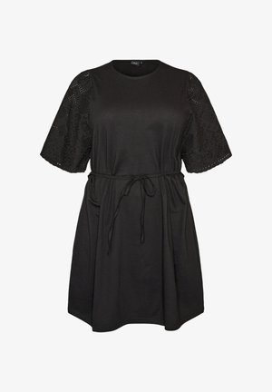 Zizzi, BAUMWOLLKLEID MIT BRODERIE-ANGLAISE-ÄRMELN UND BINDEGÜRTEL - Jerseykjole - schwarz
