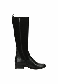 Knee-high black boots featuring a suede upper, sleek leather toe, side zipper, and a low stacked heel for stability.