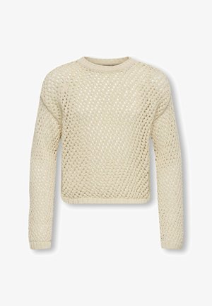 Suéter de punto abierto de color crema, de manga larga, con cuello redondo y puños y dobladillo acanalados, mostrado extendido sobre un fondo blanco.