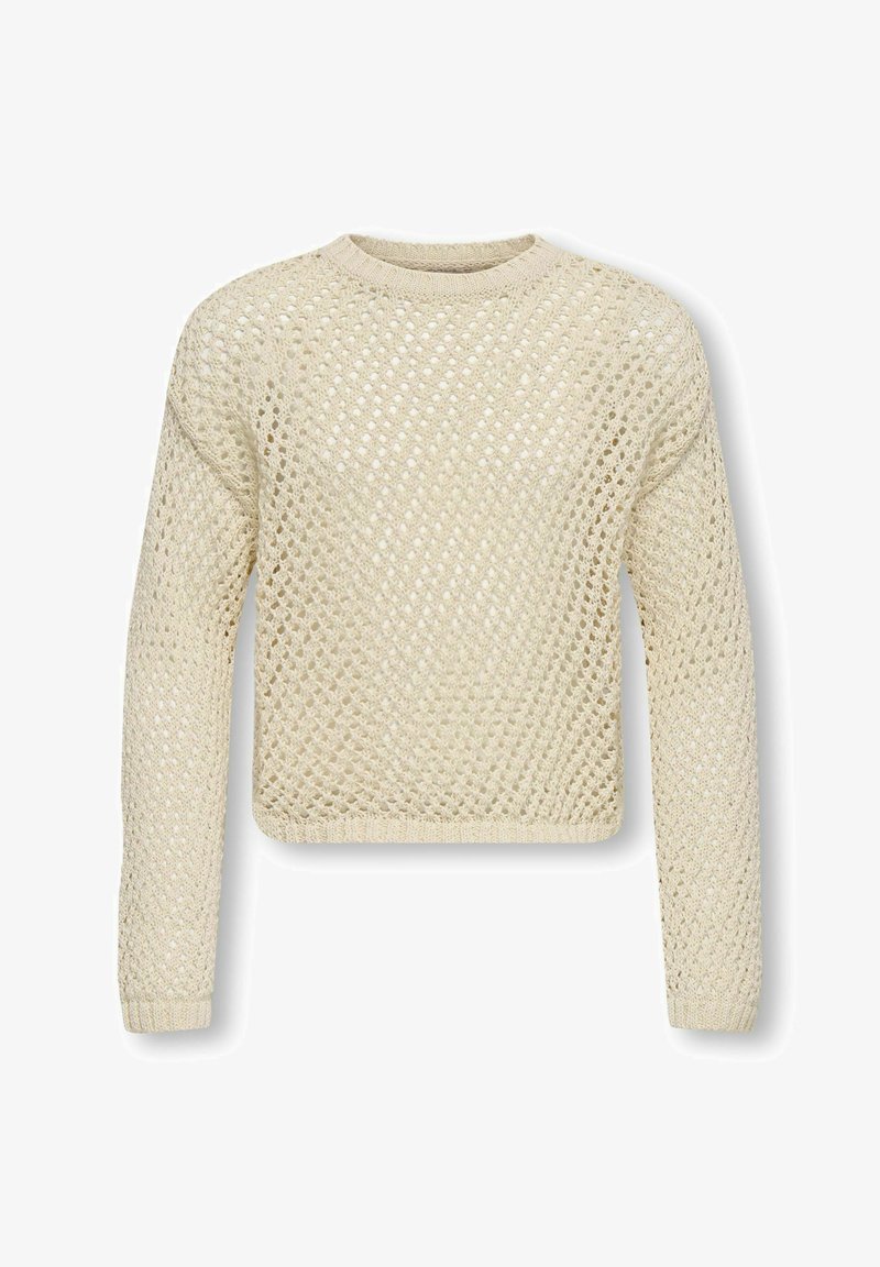 Pull à manches longues couleur crème en maille ajourée, col rond, poignets et ourlet côtelés, présenté à plat sur un fond blanc.