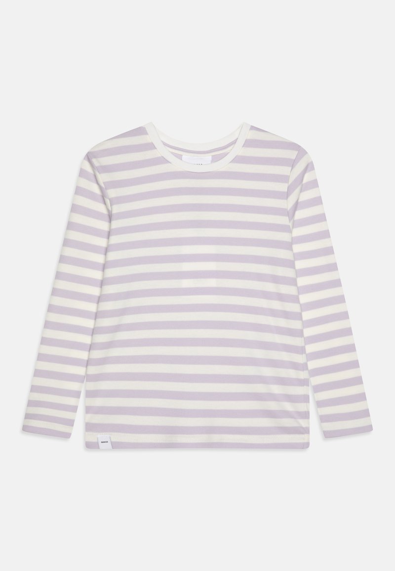 Dlhý rukáv tričko v svetložltých a bielych horizontálnych pruhoch, ktoré má okrúhly výstrih, jemnú tkaninu a malú nálepku na leme.