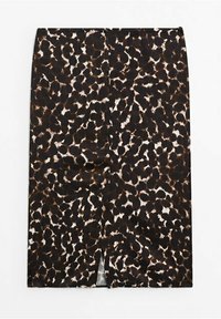 Gonna a tubino con stampa leopardata nera e marrone, dotata di uno strappo sottile all'orlo. Realizzata in un tessuto liscio e leggero.