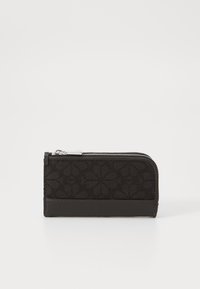 Black wallet featuring a textured floral pattern and smooth leather accents, with a zip closure along the top edge. Compact rectangular shape.