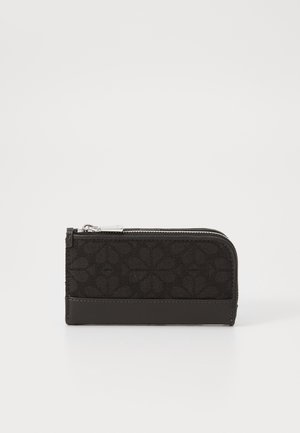 Black wallet featuring a textured floral pattern and smooth leather accents, with a zip closure along the top edge. Compact rectangular shape.
