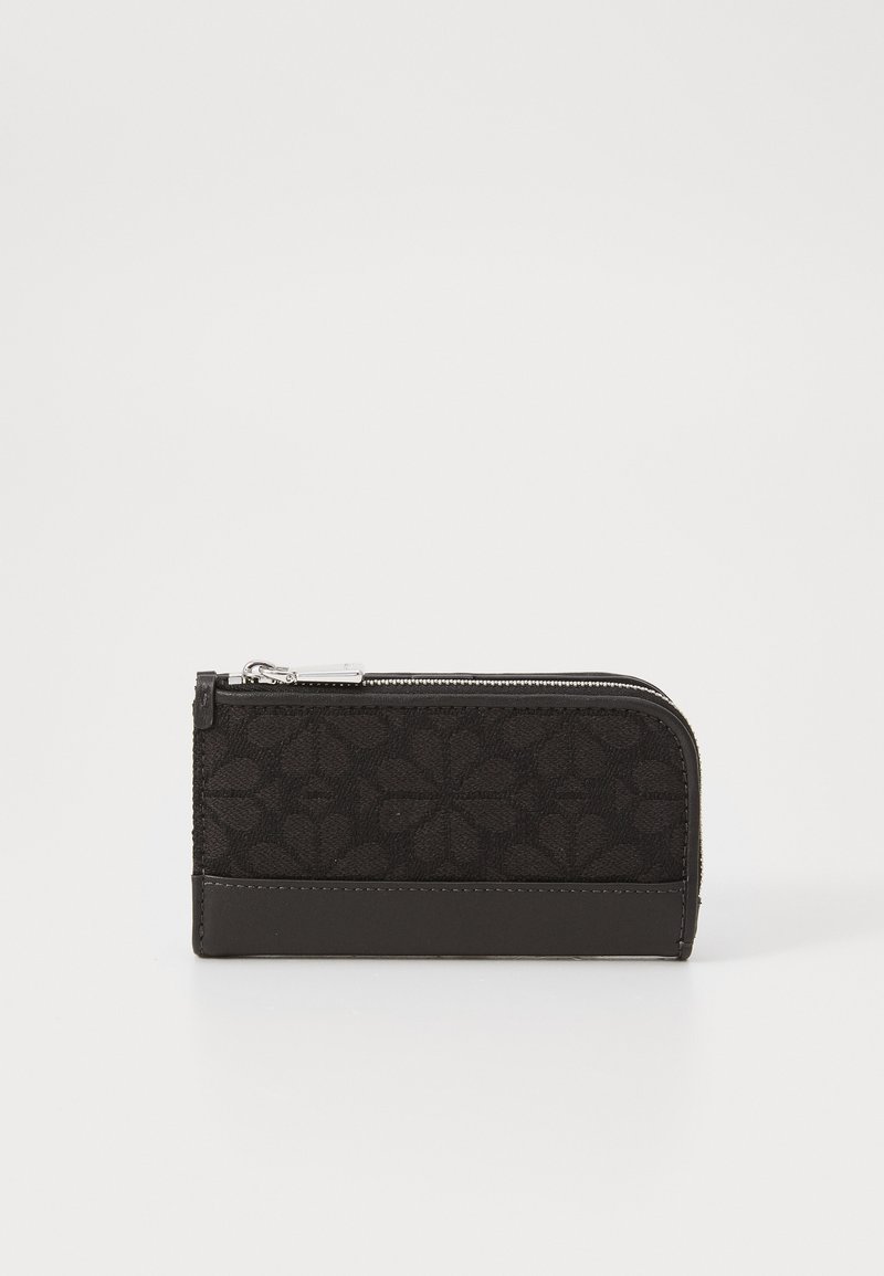 Black wallet featuring a textured floral pattern and smooth leather accents, with a zip closure along the top edge. Compact rectangular shape.