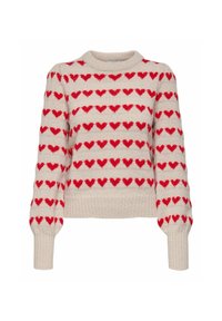 Beżowy sweter dziany z czerwonym wzorem serca, z okrągłym dekoltem oraz prążkowanymi mankietami i dołem. Miękka faktura i lekko skrócony fason.