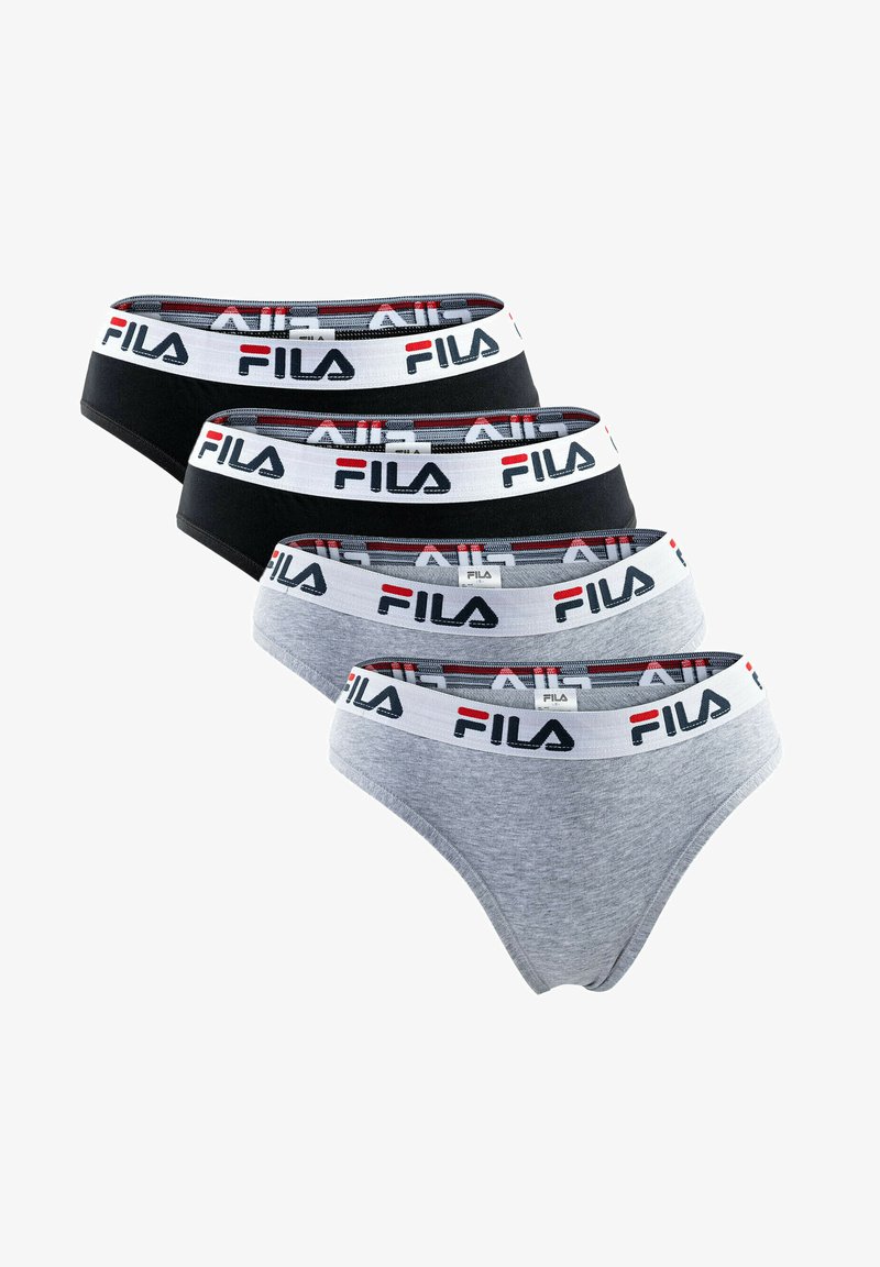Quattro paia di slip FILA in nero, grigio e un grigio più chiaro. Ognuno ha una vita bianca con accenti di logo stampati e colori.