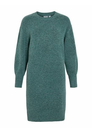 Robe en tricot teal en tissu doux. Présente un col rond, des manches longues et une silhouette décontractée. Texture lisse sur l'ensemble.