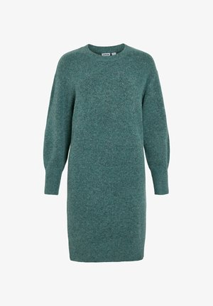 Teal genserkjole laget av mykt, strikket stoff. Har rund hals, lange ermer og en avslappet silhuett. Jevn tekstur gjennom hele plagget.