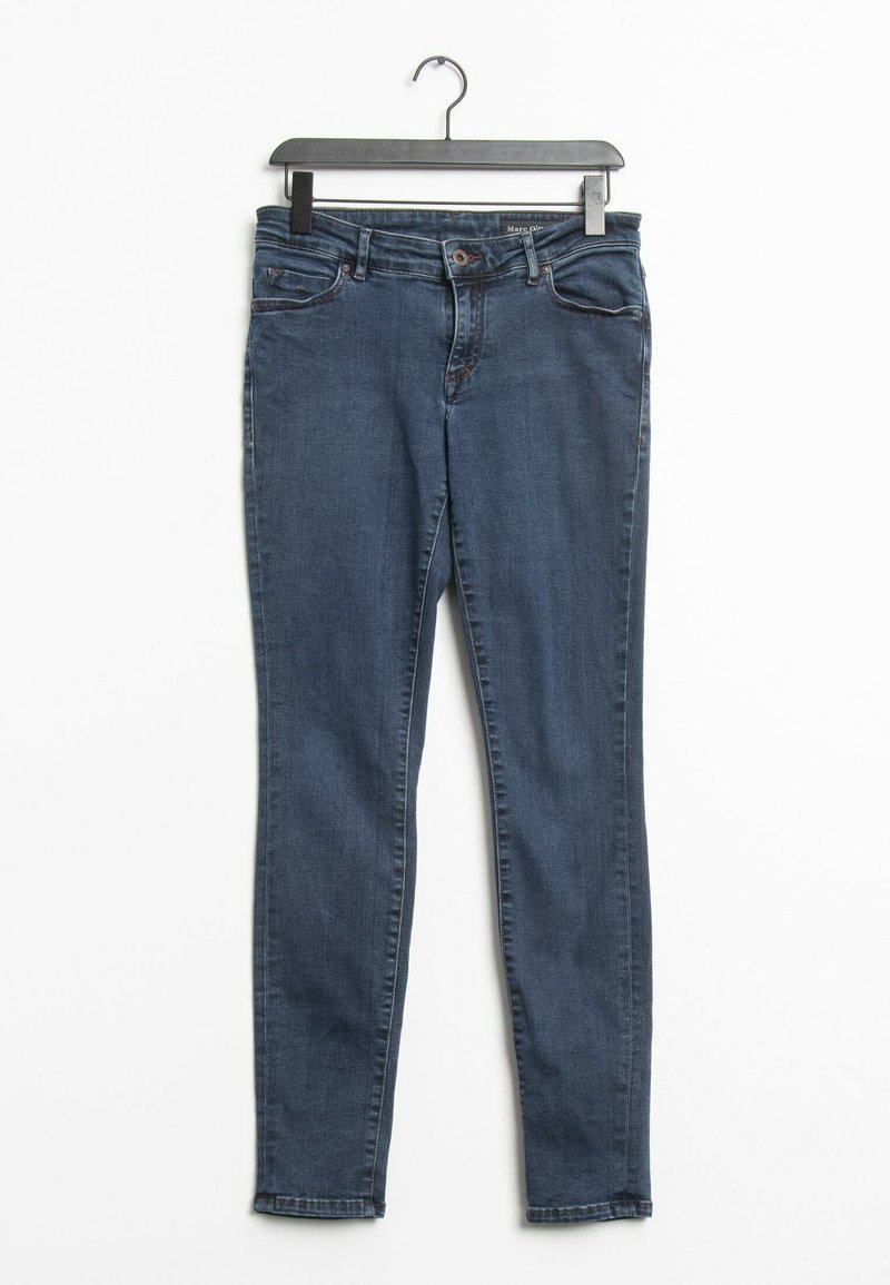 Tmavě modré úzké džíny z denimu s pěti kapsami, poutky na opasek a zipovým zapínáním. Hladký povrch a mírné vyšisování u kapes.