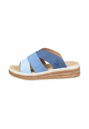 Blue suede wedge sandal with two-tone straps, cork-textured sole, and cushioned beige footbed, side view on white background.