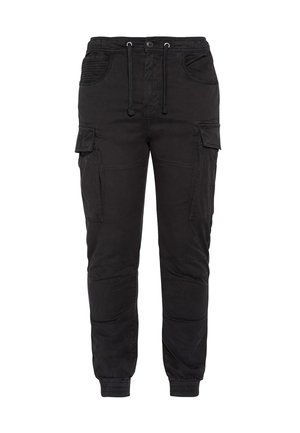 Pantalons cargo noirs dotés de plusieurs poches, d'une taille à cordon de serrage, de poignets côtelés et d'un tissu lisse avec un léger éclat.