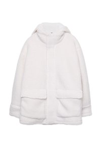 Witte fleecevest met capuchon, ontworpen met een opening aan de voorkant, twee grote zakken en een zachte textuur. Casual, losvallend silhouet.