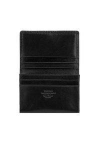Portefeuille en cuir noir présentant plusieurs emplacements pour cartes et une texture lisse. Accent logo gravé à l'avant. Design compact et mince.
