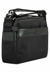 Borsa a spalla nera in nylon con accento in pelle liscia, forma rettangolare, tracolla regolabile e logo a contrasto sulla tracolla.