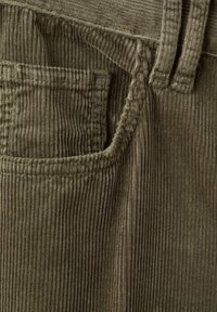 Hlače iz korduroja v olivno zeleni barvi. Imajo ožje navpične rebri, sprednji žep in zanke za pas. Mehka tekstura.