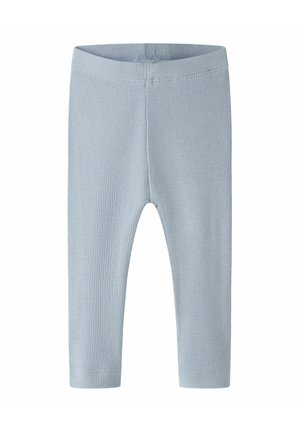 Lyseblå ribstrikkede babyleggings med elastisk talje og uden synlige lukninger, vist fladt på en hvid baggrund.